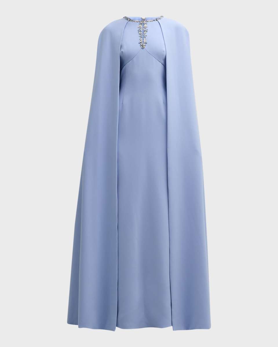 Jewel-Embellished Cape-Sleeve Crepe Gown